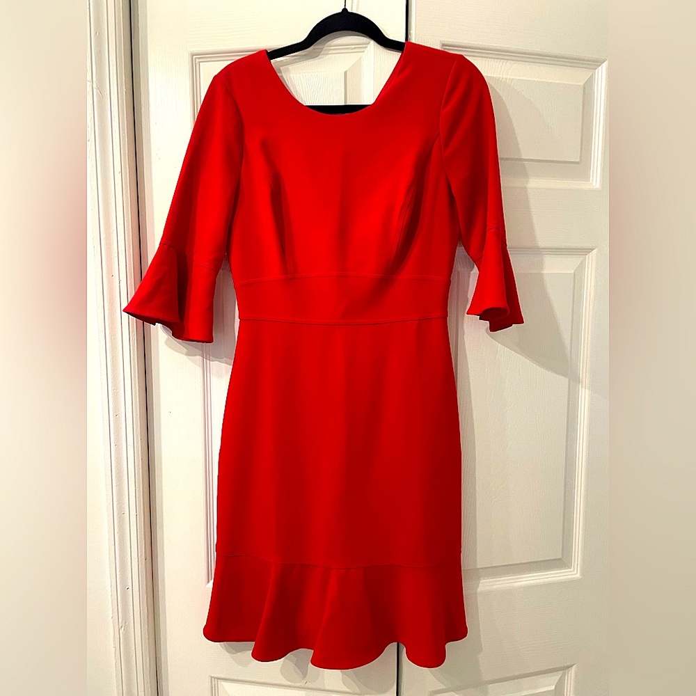Red Flare-Sleeve Fluted Hem Dress